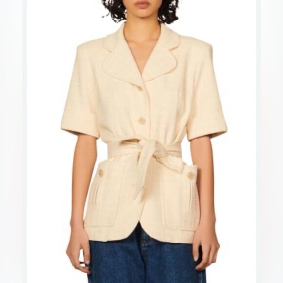 Sandro Truman Belted Short Sleeve Blazer CreamSize 34 NWT